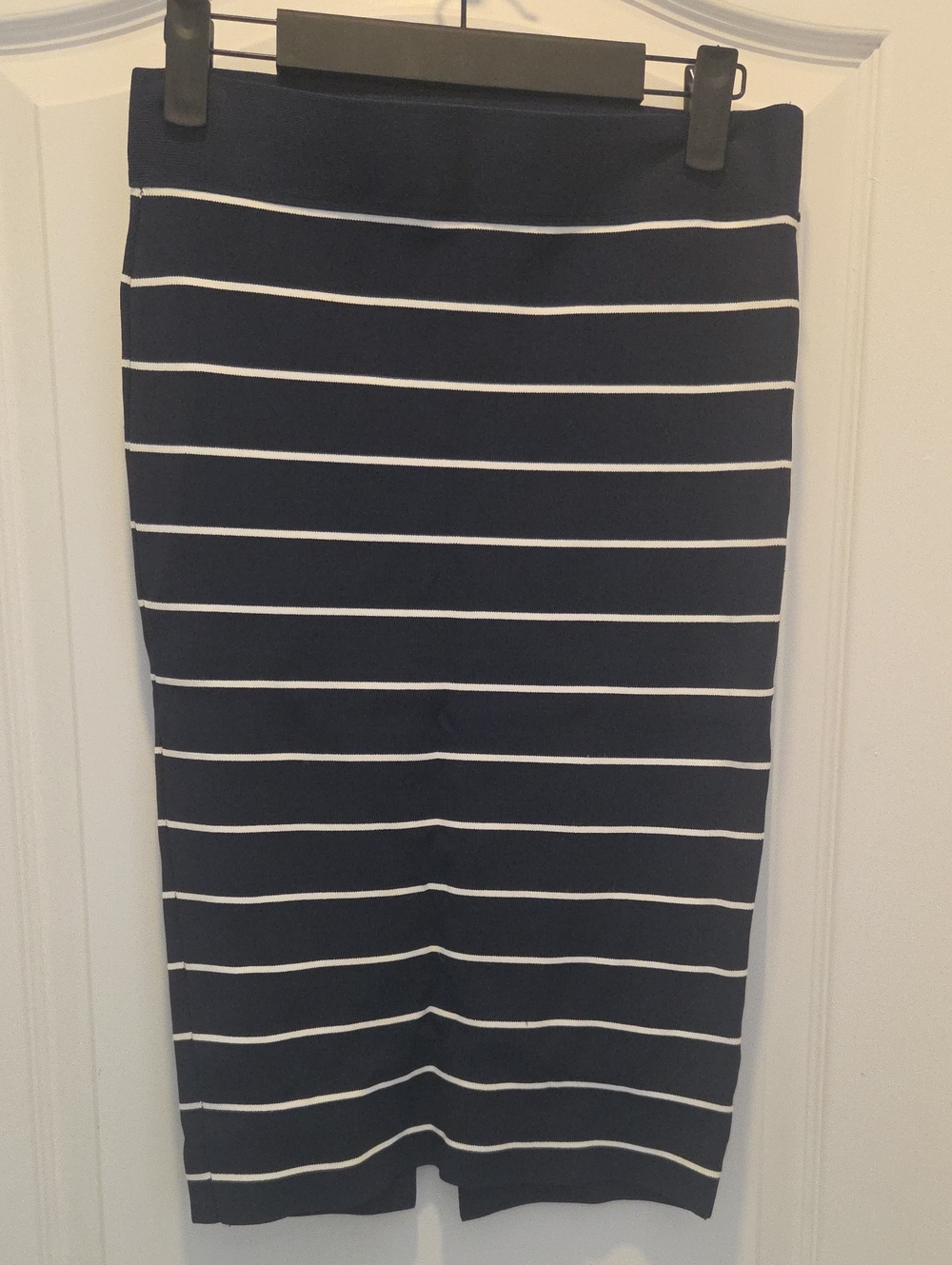 Eva Longoria Classic Navy and White Striped Pencil Skirt
